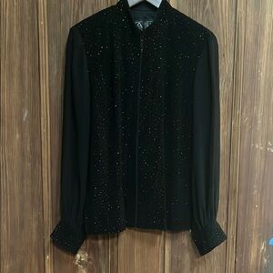 Alex Evenings Black Beaded Long Sleeve Jacket with Sheer Sleeves